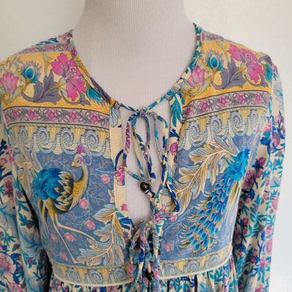 R Vivimos Boho Dress Vintage Print Birds Floral Empire Waist Midi Women Medium - Picture 4 of 11